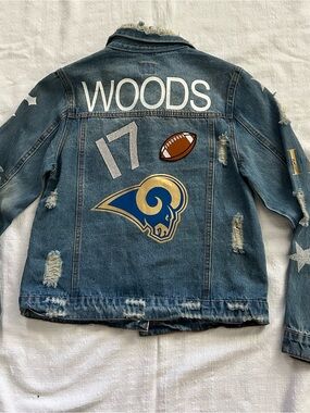 Custom Los Angeles Rams Distressed Denim Jacket Game Day Streetwear Small